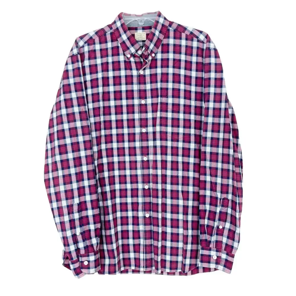 J. Crew Red White Black Plaid Long Sleeve Button Down Sz L